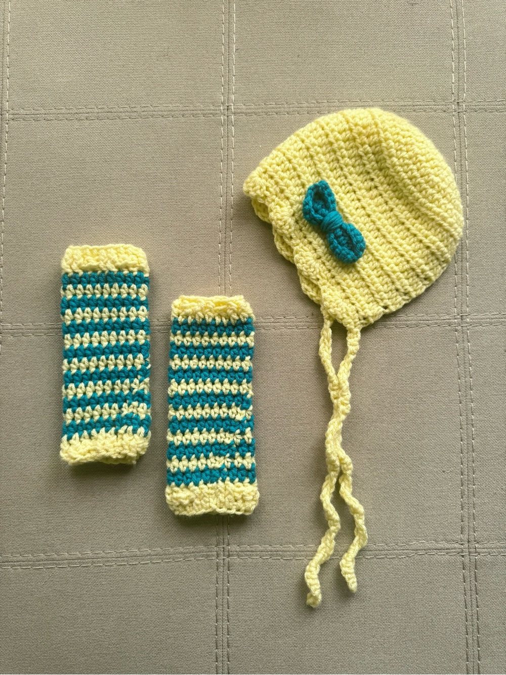 Yellow & Teal Crochet Baby Hat and Leg Warmers Set